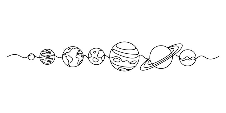 A continuous line art representation of the solar system planets in a row Vector, illustration