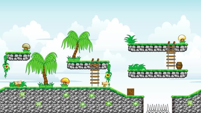 Old-style game animation of a scenery with platforms and tileset. 4K Seamless 2D Nature Side-Scroller Environment for Platformer.