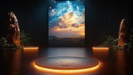 Modern Exhibition Stage with Glowing Platforms and Immersive Nature Display