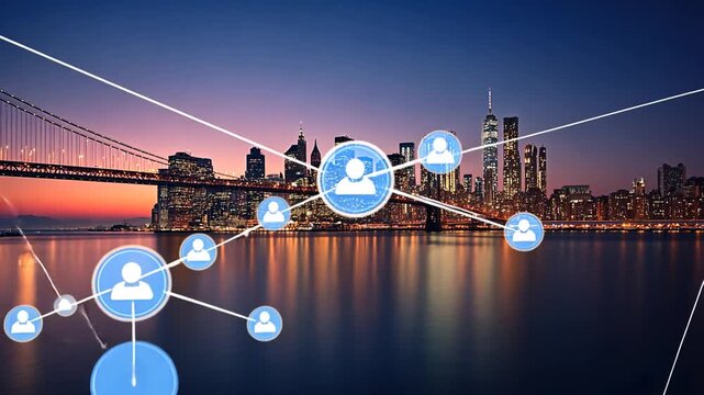 Network connections icon appears over cityscape at dusk with bridge and skyscrapers.