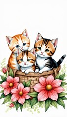 Obraz premium Adorable Trio of Kittens Resting in a Wicker Basket Surrounded by Bright Pink Blooms and Lush Greenery Against a Clean White Background