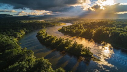 Obraz premium Aerial shot of lush forest with river curves, dramatic shadows