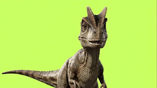 A brown dinosaur standing against a bright green screen background.