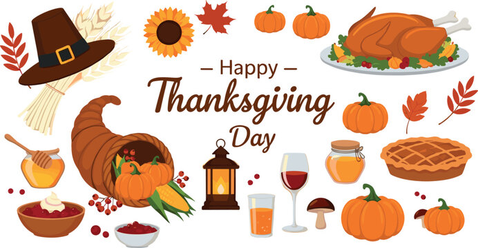 Happy Thanksgiving Day vector set with roast turkey pumpkins cornucopia pilgrim hat fall leaves and traditional food for festive holiday dinner invitations.