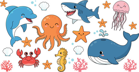 SEO Friendly Title Cute ocean animals vector collection featuring happy shark whale dolphin octopus crab seahorse and jellyfish for kids nursery wall art and underwater themed party invitations. © Minara