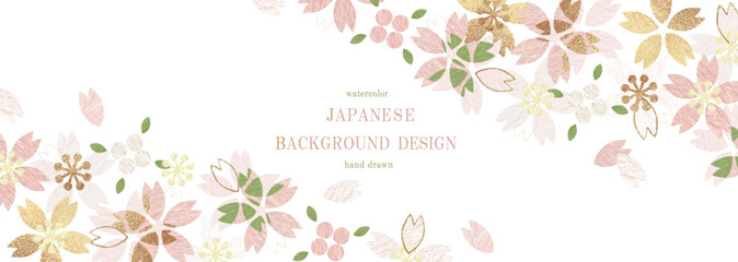 和風の桜背景デザイン。金箔の桜と花びらのイラスト。春の華やかなベクター素材。(ベクター、イラスト)