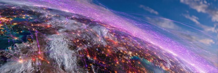 Global network communication connections spanning the world from space with digital links and intricacy web lines for logistics technology data visualization background