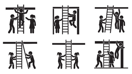 Obraz premium Teamwork and collaboration illustrated with people climbing and helping on ladders