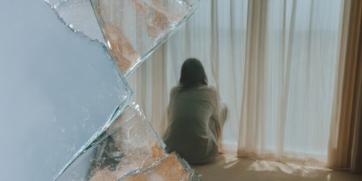 Silhouette of a lonely child sitting on the floor in front of a window with thin drapes, representing abandonment and isolation of youth within a home, for social research presentations