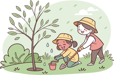 Children planting a tree together