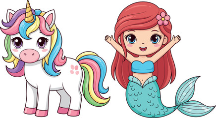 Cute magical unicorn with rainbow mane and happy red haired mermaid princess vector illustration for kids nursery decor and birthday party invitations. © Minara