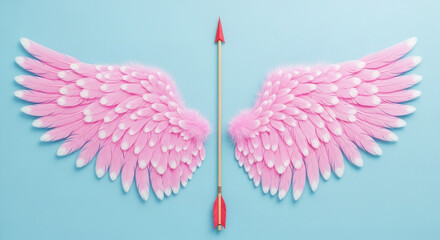 Fototapeta premium Cupid's Arrow and Pink Angel Wings on Blue Background: A symbol of love and romance for Valentine's Day. Vector illustration, ideal for greeting cards, marketing, and web design. Love and freedom