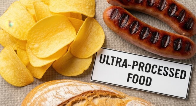 Close up of ultra processed food featuring chips, grilled sausage, and a bread bun with a warning label.