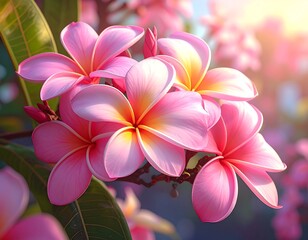 A close-up of a cluster of vibrant pink flowers with yellow centers and green leaves
