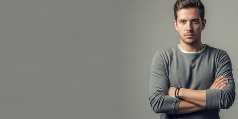 Portrait hand man arm young with cheerful joy joyful laughing background 20s 30s adult male model standing confident pose cross fold casual wear