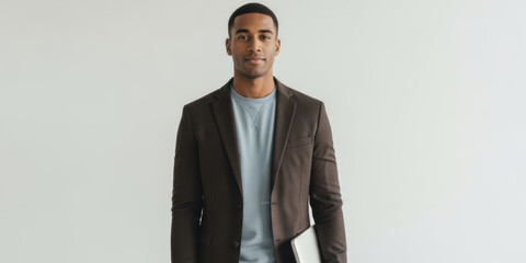 Portrait hand man arm young with cheerful joy joyful laughing background 20s 30s adult male model in casual blazer holding laptop against white wall studio light