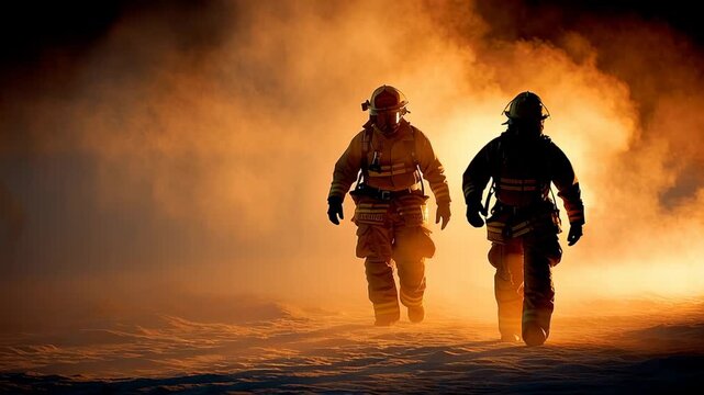 Firefighters display unmatched bravery as they walk into a fierce blaze. Their courage is evident amidst swirling smoke and the warm glow of flames, ready to battle the inferno