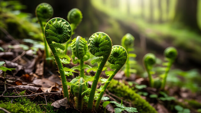 Close up macro shot of young green fiddlehead ferns unfurling in a mossy forest floor