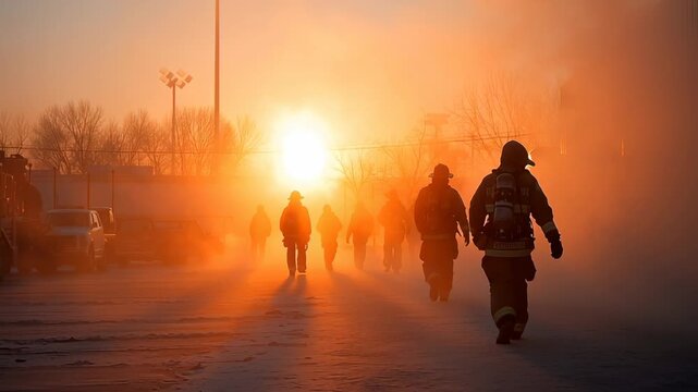 In a breathtaking display of courage, brave firefighters stride towards the glowing fire at dawn. Their determination and spirit shine brightly against the soft morning mist and rising sun