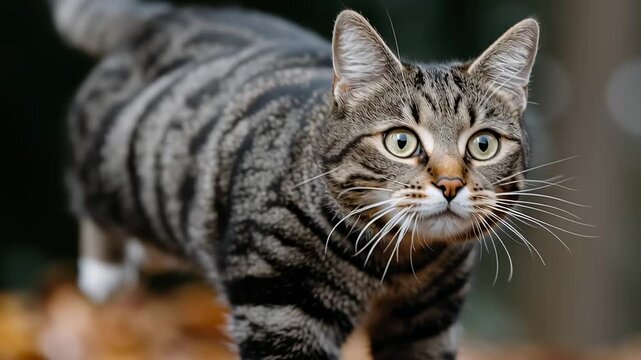 A joyful cat leaps into the air, showcasing its agility in a lush green environment. Surrounding trees provide a vibrant backdrop for this spirited display of feline energy and playfulness