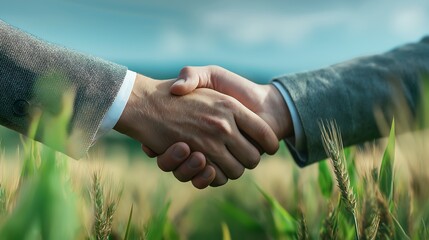 Business handshake in green field. Partnership for agriculture, growth, and sustainability. Corporate deal in nature
