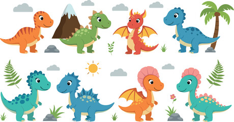Cute dinosaur vector collection featuring colorful baby stegosaurus, triceratops, pterodactyl, mountains, palm trees, and prehistoric elements for kids' designs. © Minara