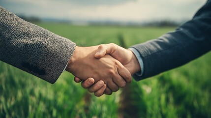 Business handshake in green field. Partnership for agriculture, growth, and sustainability. Corporate deal in nature