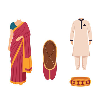 Traditional Indian clothing and accessories for men and women, including a saree, kurta pajama, juttis, and a bangle.