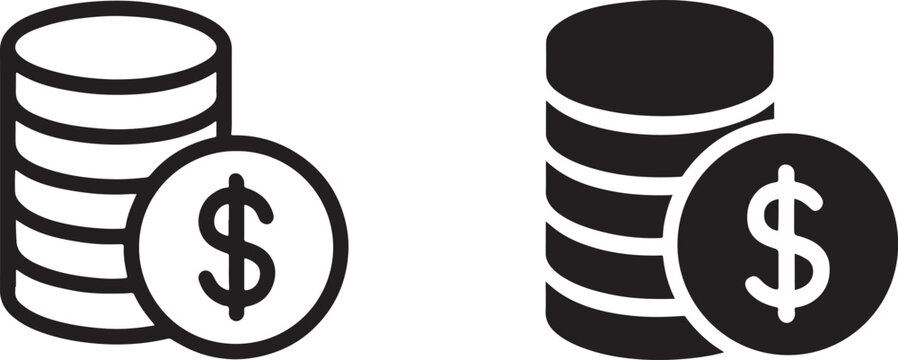 Silhouette money coin stack dollar icon set in outline and bold style for finance design.