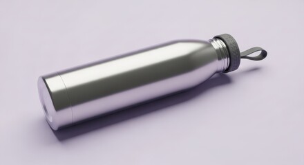 A sleek, shiny silver stainless steel water bottle with a grey cap rests on a soft surface, capturing its modern design.
