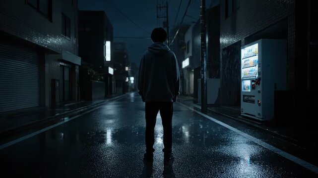 Man Standing on an Empty Street Beside a Vending Machine