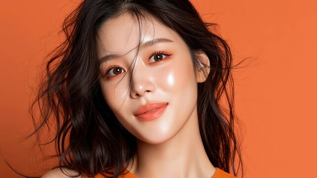 A stunning Korean beauty model poses gracefully in a vibrant orange outfit, radiating confidence and warmth. Her captivating gaze and effortless style create an enchanting atmosphere full of charm