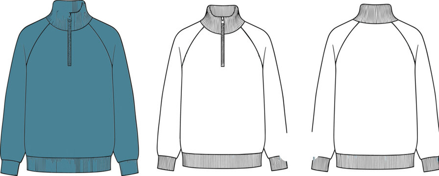 Front and back technical sketch of pullover with high collar, half-zip front, raglan sleeves, and ribbed cuffs and hem