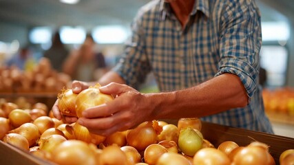 In a lively market, a man carefully picks out vibrant onions, showcasing his expertise. Each selection reflects the freshness and quality sought by eager shoppers