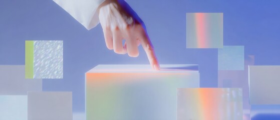 Professional hand pressing virtual button on holographic cube interface, representing digital transformation and modern workflow in tech industry