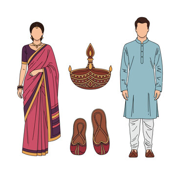 Illustration of Indian couple in traditional attire with a diya lamp and jutti shoes.