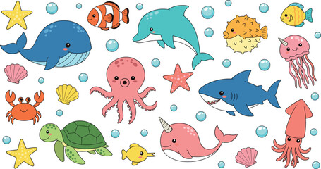 Obraz premium Cute kawaii sea life vector set with whale dolphin shark octopus sea turtle narwhal and colorful tropical fish