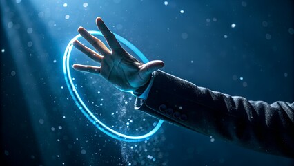 Hand surrounded by glowing blue circle in dark environment