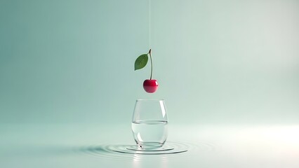 Cherry suspended above a glass of water with ripples on the surface