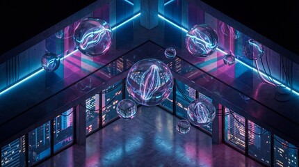 Floating Glass Spheres With Refraction In Inside A Minimalist Architectural Space Pulsating With Rhythmic Motion - Abstract Background Concept