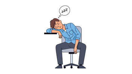 Exhausted office worker falling asleep at a desk with a thought bubble indicating deep slumber during a long and tiring workday
