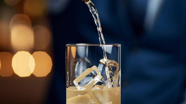 In a lively bar setting, an expert bartender pours alcohol into a shiny shaker, showcasing the craft of mixing drinks. The atmosphere is vibrant and inviting