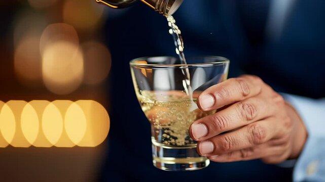 An expert bartender skillfully adds alcohol to a shaker, showcasing precise movements in a lively urban bar. The atmosphere is vibrant and full of energy, perfect for a night out