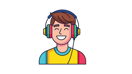 Cheerful cartoon young man enjoying music through colorful modern headphones with a wide happy smile