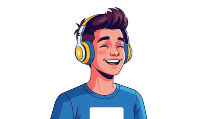 Joyful cartoon young man wearing large yellow and blue headphones is happily listening to music while smiling widely
