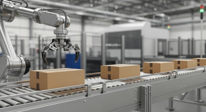 Industrial robotic arm precisely places cardboard boxes onto a conveyor belt in a modern factory assembly line.