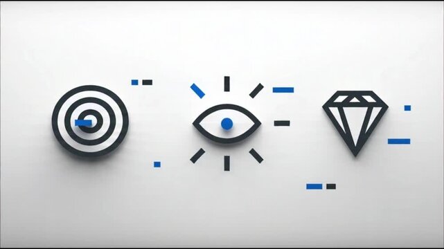 Minimalist business vision icons set featuring target eye and diamond symbols representing focus clarity value strategy and modern branding design concept