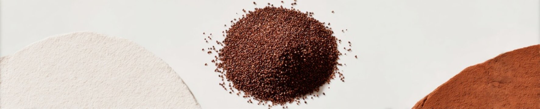 Raw Amaranth Seeds and Superfood Powders in Piles for Health Food Supplements and Nutritional Advertising Concept on White Background with Large Copy Space