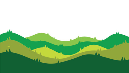Obraz premium Layered graphic design showcasing undulating green hills and small stylized evergreen trees against a stark white background suitable for nature themes