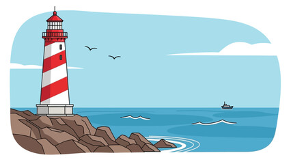 Coastal landmark illustration featuring a tall red and white striped lighthouse standing firmly upon rugged brown coastal rocks overlooking the blue ocean expanse under a bright sky.
